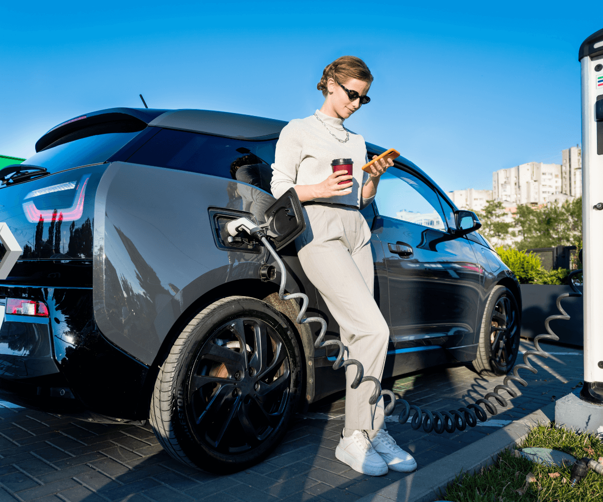 Une dame recharge sa voiture électrique Renault. 