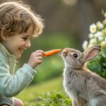 enfant donnant a manger une carotte a un lapin