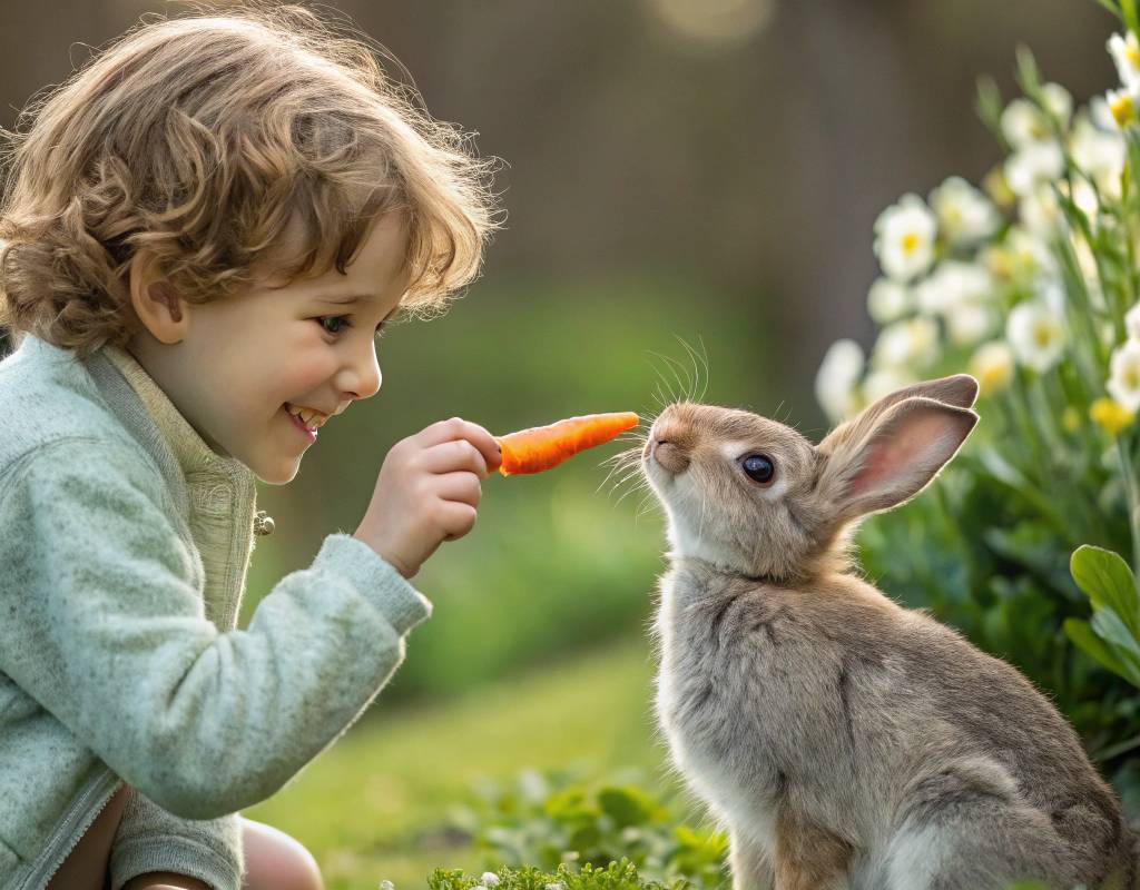 enfant donnant a manger une carotte a un lapin